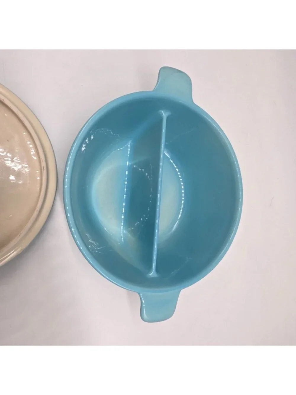 Hall USA Oven-Proof Divided Casserole Dish Lid Light Blue Ceramic VTG Serveware